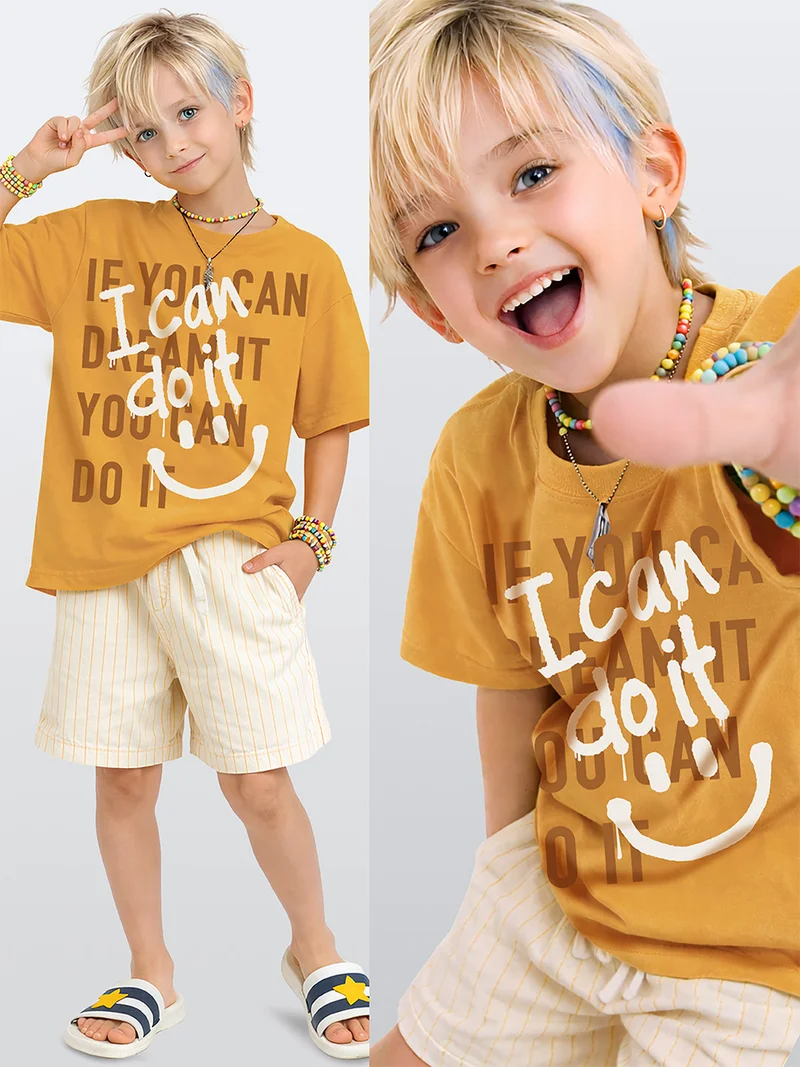 دينوكيدس Boys Set Slogan Printed T-shirt&Striped Shorts